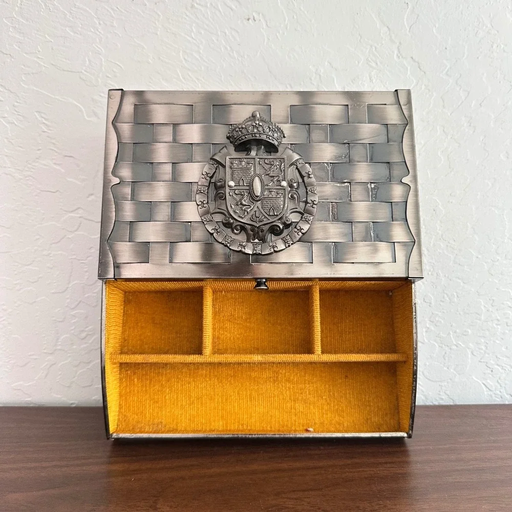 Vintage Ornate‎ Metal Jewelry Trinket Box Crest Basket Weave Japan Storage